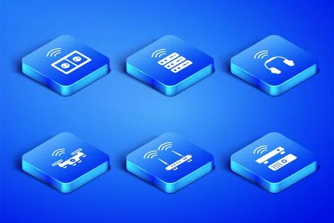 Set Wireless TV box receiver, Smart electrical outlet, Router and wi-fi signal Stock Illustration