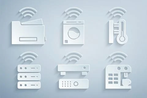 Set Wireless TV box receiver, Smart thermometer, server, coffee machine, wa.. Stock Illustration