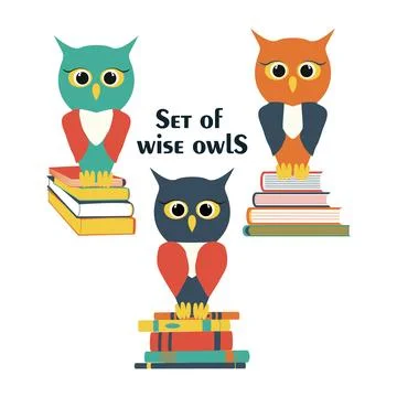 Set of wise owl on a stack of books. Vector owl characters. Back to school flat Stock Illustration