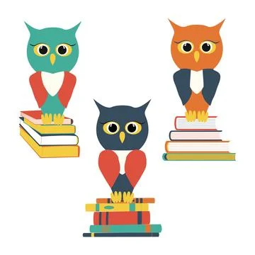 Set of wise owl on a stack of books. Owl characters. Back to school flat jpeg Stock Illustration