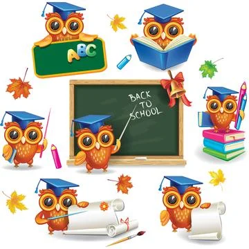 Set of wise owls in graduation caps Stock Illustration