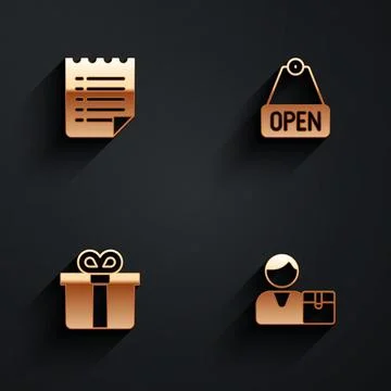Set Wish list template, Hanging sign with text Open, Gift box and Buyer icon Illustrazione stock