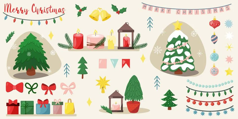 Set wit winter holidays objects, Christmas tree, gift boxes, balls, garlands 库存插图