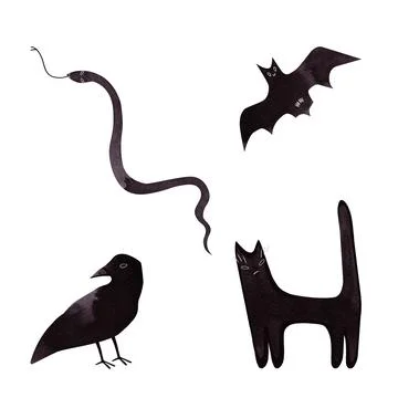 Set of witch animals: cat, bat, snake, raven. Ink black silhouettes Stock Illustration