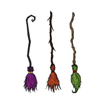 Set of witch brooms. Vector. Isolated objects on white. Hand-drawn style. Illustrazione stock