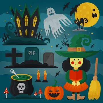 Set of witch, cat, zombie, pumpkin and other different spooky decorations and 스톡 일러스트