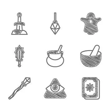 Set Witch cauldron, All-seeing eye of God, Tarot cards, Magic staff, sword fire Ilustração Stock