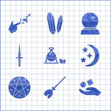 Set Witch cauldron and magic stone, Witches broom, Cube levitating above ha.. Stock Illustration
