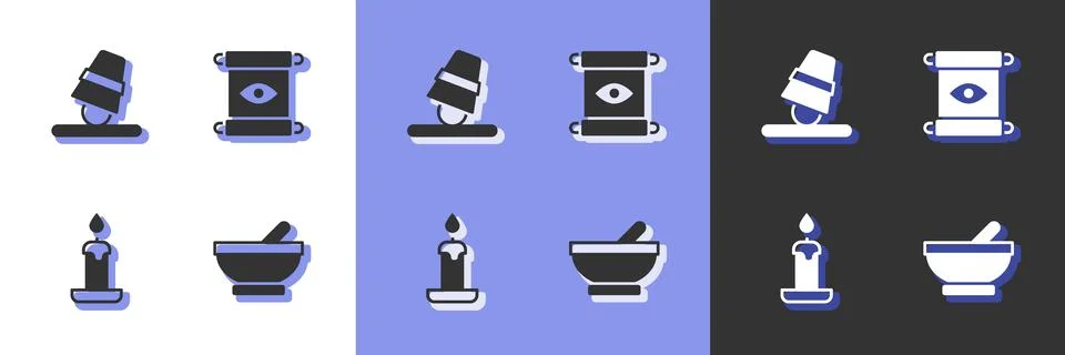 Set Witch cauldron, Game thimbles, Burning candle and Magic scroll icon. Vector 스톡 일러스트
