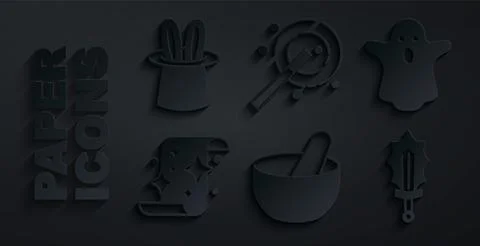 Set Witch cauldron, Ghost, Magic scroll, sword in fire, wand and Magician hat Illustrazione stock