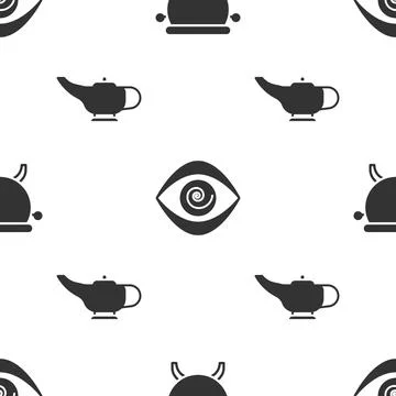 Set Witch cauldron, Hypnosis and Magic lamp or Aladdin on seamless pattern. V Stock Illustration