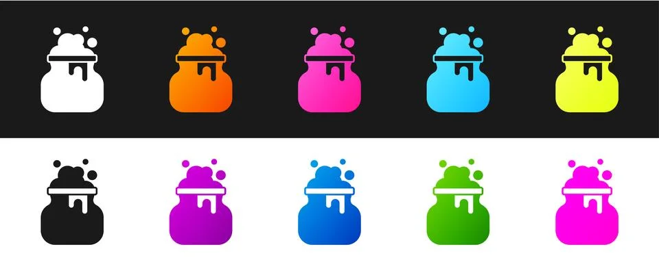 Set Witch cauldron icon isolated on black and white background. Happy Halloween Ilustração Stock