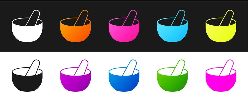 Set Witch cauldron icon isolated on black and white background. Happy Halloween Ilustração Stock