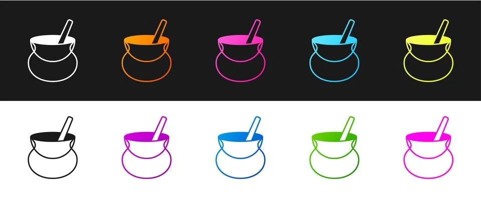 Set Witch cauldron icon isolated on black and white background. Happy Hallo.. Ilustração Stock