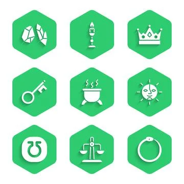 Set Witch cauldron, Libra zodiac, Ouroboros, Sun, Life, Old key, King crown and Illustrazione stock
