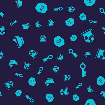 Set Witch cauldron, Magic ball, runes and Old magic key on seamless pattern Stock Illustration