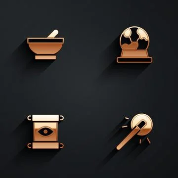 Set Witch cauldron, Magic ball, scroll and wand icon with long shadow. Vector Stock Illustration