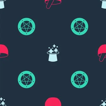Set Witch cauldron, Magic hat and Pentagram in circle on seamless pattern Stock Illustration