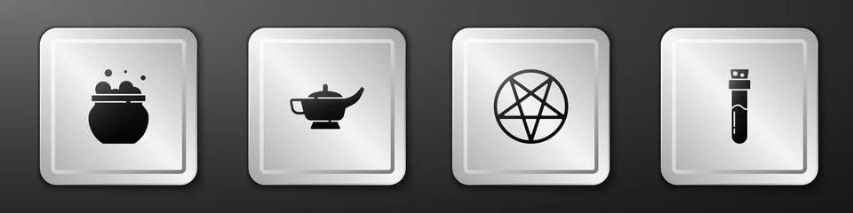 Set Witch cauldron, Magic lamp or Aladdin, Pentagram circle and Bottle with Stock Illustration