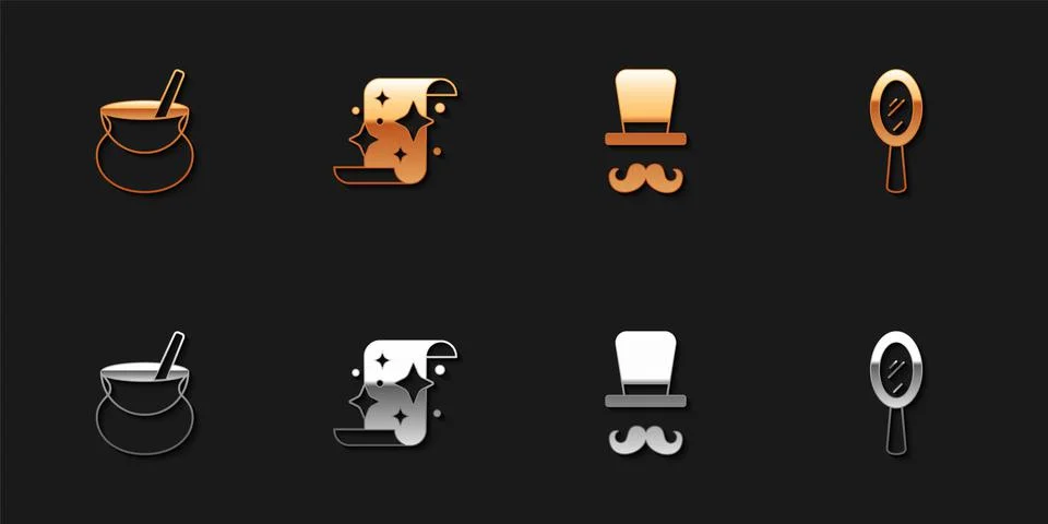 Set Witch cauldron, Magic scroll, Magician and hand mirror icon. Vector Illustrazione stock