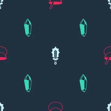 Set Witch cauldron, Magic sword in fire and stone on seamless pattern. Vector Stock Illustration