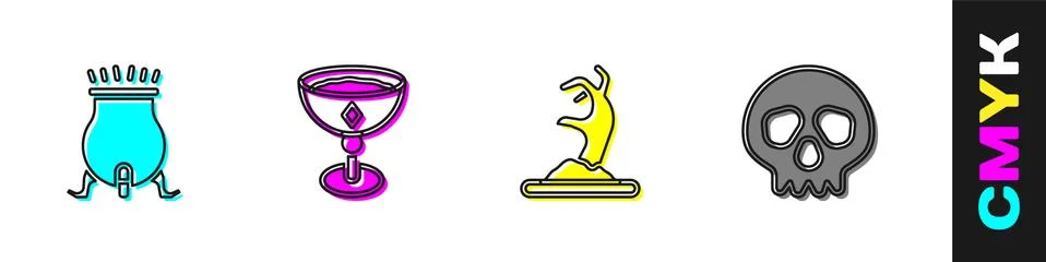 Set Witch cauldron, Medieval goblet, Zombie hand and Skull icon. Vector Stock-Illustration