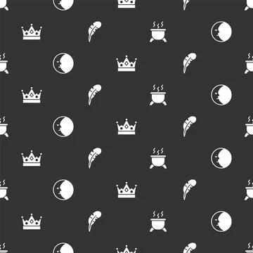 Set Witch cauldron, Moon, King crown and Feather pen on seamless pattern. Vector Illustrazione stock