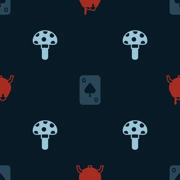 Set Witch cauldron, Playing cards and Psilocybin mushroom on seamless pattern Illustrazione stock