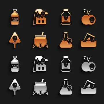 Set Witch cauldron, Poison apple, Radioactive waste in barrel, Beaker with toxic 库存插图