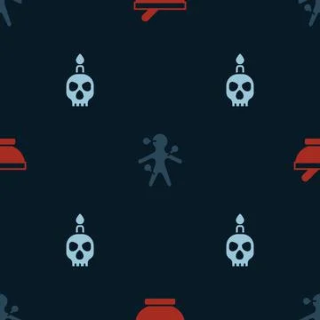 Set Witch cauldron, Voodoo doll and Burning candle skull on seamless pattern 스톡 일러스트