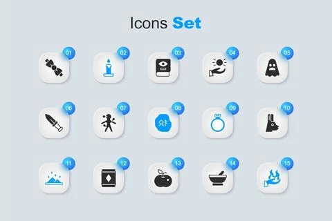 Set Witch cauldron, Voodoo doll, Burning candle, Magic powder, Hand holding.. 스톡 일러스트