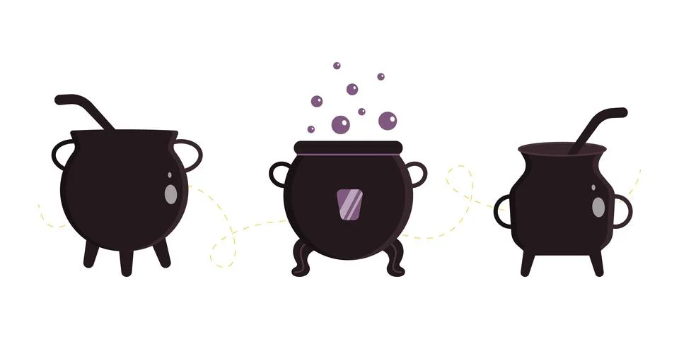 Set of witch cauldrons with boiling liquid, Halloween decoration elements イラスト素材