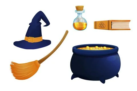 Set witch hat with broom, caldron, poison in bottle and book magic elements in Stock Illustration