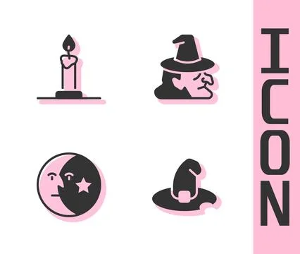 Set Witch hat, Burning candle in candlestick, Moon stars and  icon. Vector Stock Illustration