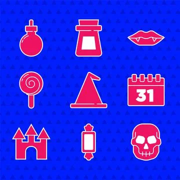 Set Witch hat, Candy, Skull, Calendar with Halloween, Castle, Lollipop, Vampire Stock-Illustration