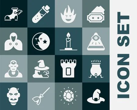 Set Witch hat, cauldron, Masons, Fire flame, Moon and stars, Mantle, cloak,.. Ilustración de archivo