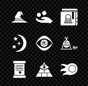 Set Witch hat, Cube levitating above hand, Ancient magic book, Decree, paper, Illustrazione stock