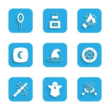 Set Witch hat, Ghost, Crossed medieval sword, Pentagram in circle, Magic wand Stock Illustration