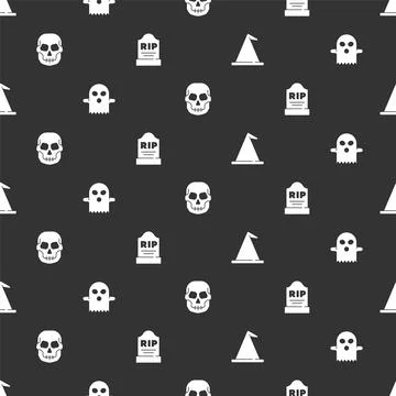 Set Witch hat, Ghost, Skull and Tombstone with RIP written on seamless pattern Illustrazione stock