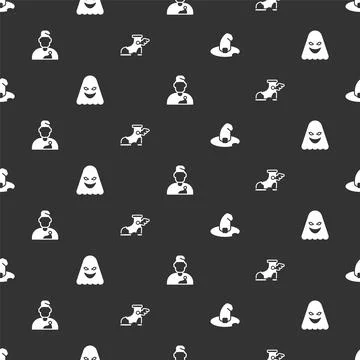 Set Witch hat, Ghost, Wizard warlock and Hermes sandal on seamless pattern. V Illustrazione stock