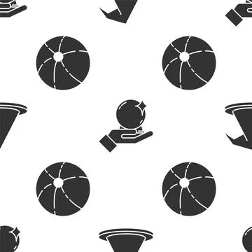 Set Witch hat, Magic ball on hand and Beach ball on seamless pattern. Vector Illustrazione stock