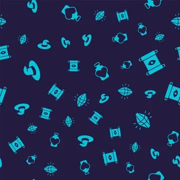 Set Witch hat, Magic scroll, Bottle with love potion and stone on seamless Stock Illustration