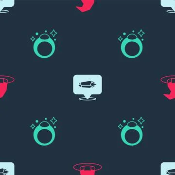 Set Witch hat, Magic stone and ring on seamless pattern. Vector Stock Illustration