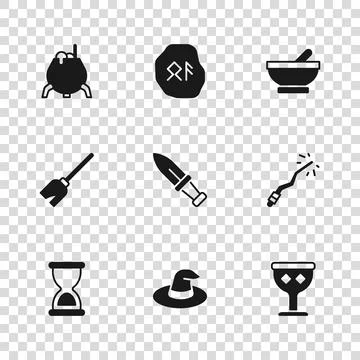 Set Witch hat, Magic wand, Medieval goblet, Dagger, cauldron, runes and Wit.. Stock Illustration