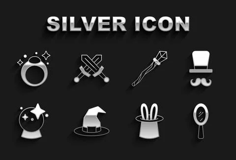 Set Witch hat, Magician, hand mirror, rabbit ears, ball, staff, stone ring and Stock Illustration