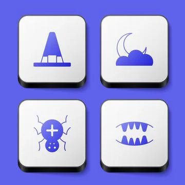 Set Witch hat, Moon and stars, Spider and Vampire teeth icon. White square Stock-Illustration