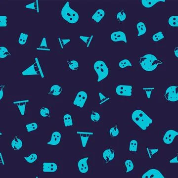 Set Witch hat, Moon and stars, Ghost and on seamless pattern. Vector Stock Illustration