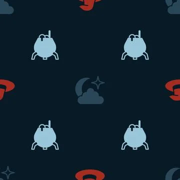 Set Witch hat, Moon and stars and cauldron on seamless pattern. Vector Illustrazione stock