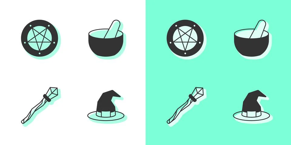 Set Witch hat, Pentagram in circle, Magic staff and cauldron icon. Vector Stock Illustration