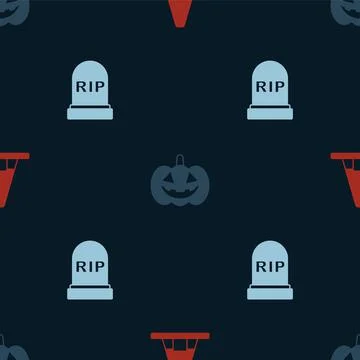 Set Witch hat, Pumpkin and Tombstone with RIP written on seamless pattern Illustrazione stock